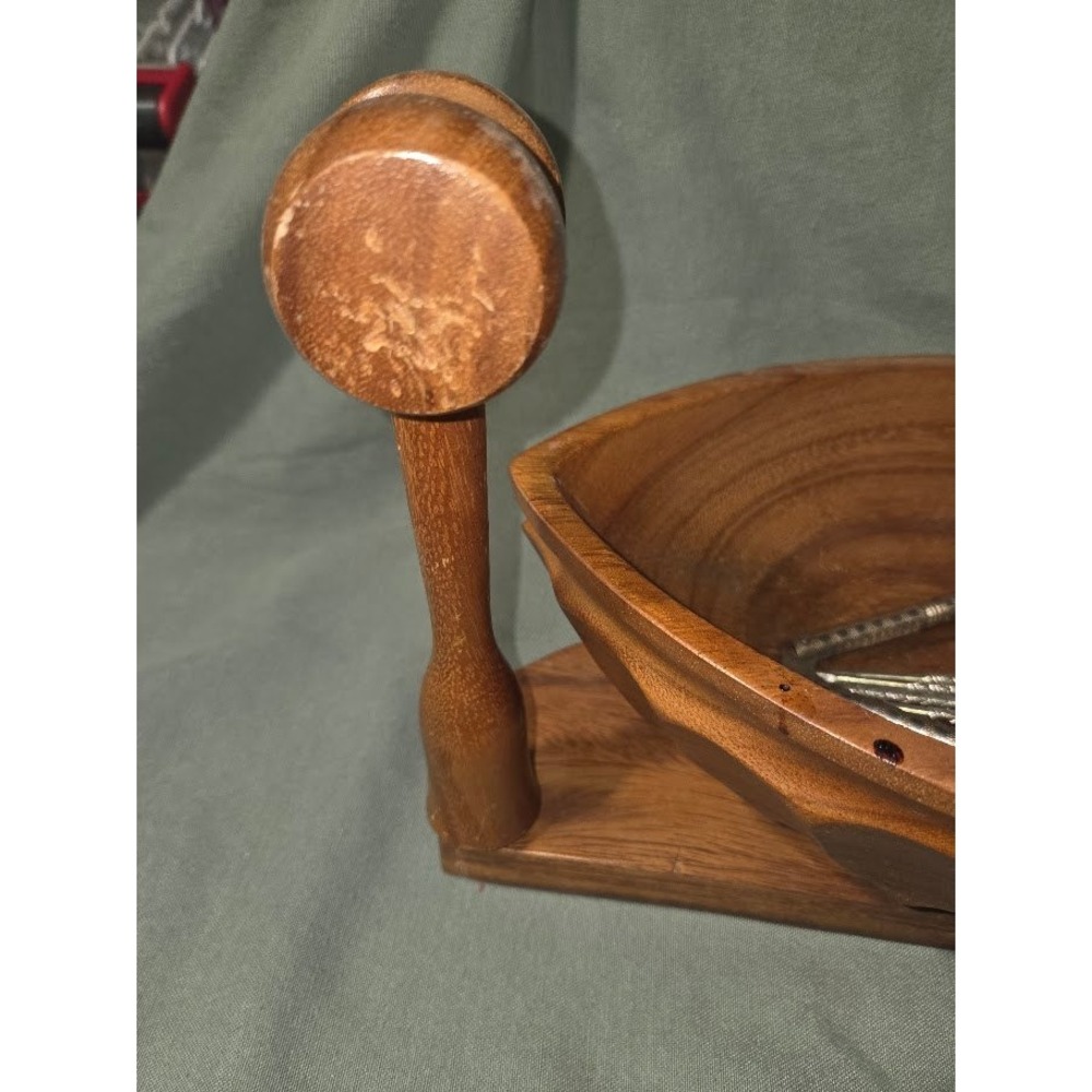 Vintage Hand Carved Wooden Walnut Shaped Nut Bowl with Mallet and Picks - Picture 8 of 9